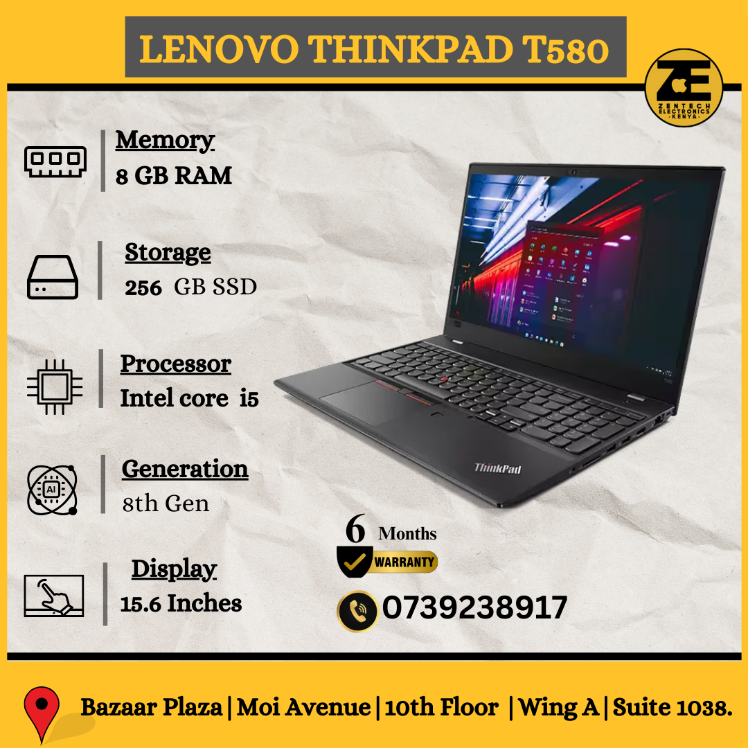 Lenovo ThinkPad T580 laptop with a black keyboard and a display showing a colorful screen, indicating it's powered on.